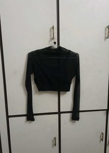 Chic Black Mesh Mock Neck Crop Top