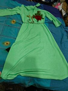 Green Long Sleeve Dress with Floral Applique