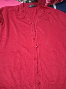 Red Beaded Cardigan Sweater