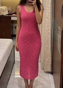 Chic Pink Crochet Midi Dress