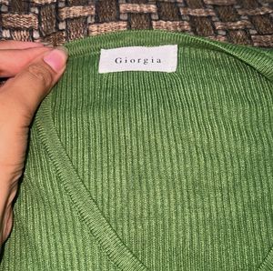 Trendy Green Ribbed Henley Top