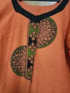 Orange Cotton Kurti With Print