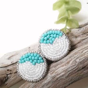 Beaded Round Earrings White & Teal🩵
