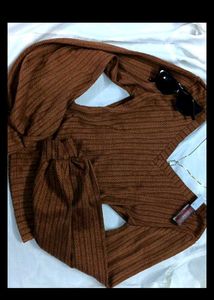 Y2K brown V-neck knot top