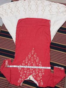 Red &amp; White Flared Kurti with Embroidery Work