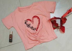 Cute Pink Heart Tie-Front Top and denim skirt set