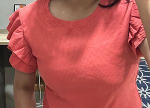 Pink Ruffle Sleeve Ribbed Top | Soft &amp; Stretchy