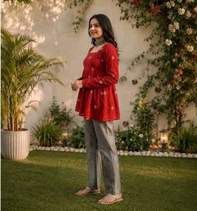 Red Printed Peplum Kurta _M