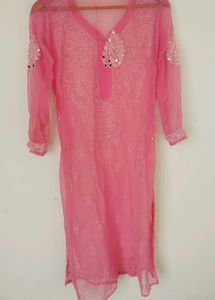 Pink Mirror Work chickenkari kurti