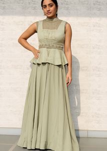 Green Embellished Gown With Jacket, Belted Look