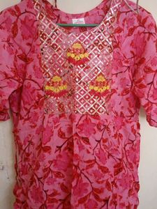 Vibrant Pink Floral Kurta with Embellished Necklin