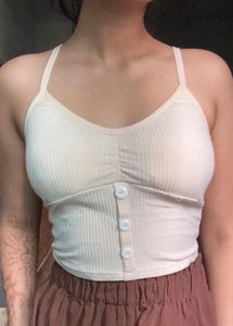Cream Ribbed Button-Up Tank Top