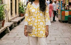Yellow Floral Kurta with White Lace Detail