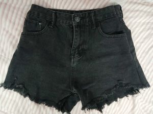 Black Denim Distressed Shorts