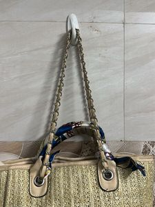 Chic Straw Tote Bag with Scarf Accent