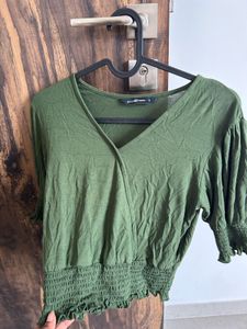 Green Smocked Cropped Top