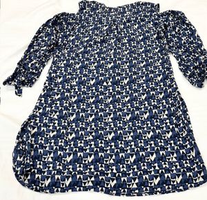 Blue &amp; White Printed Cold-Shoulder Kurta