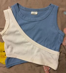 Blue & White Asymmetrical Ribbed Tank Top