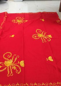 Red Embroidered wollen stole with Fringe