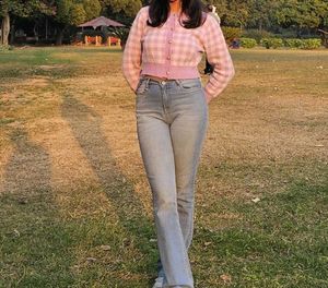 Pink Checkered Knit Cardigan