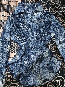 Blue Floral Print Ruffled Blouse