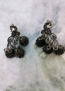Pair Of Oxidised Peacock Jhumkis
