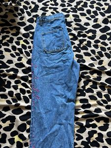 Stylish Blue Jeans with Pink Embroidery
