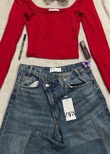 BERSHKA Red Long Sleeve Crop Top size xs