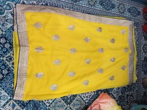 Yellow Sari with Gold Leaf Design