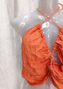 Orange Ruched Halter Neck Crop Top