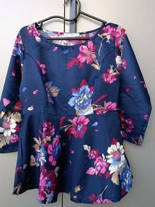 Navy Blue Floral Peplum Top