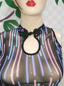 (600)Neon Striped Sheer Crop Top