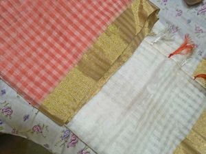 Peach &amp; Cream Checked Saree with Golden Border | E