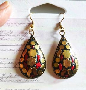 Boho Teardrop Earrings with Red &amp; Gold Detail