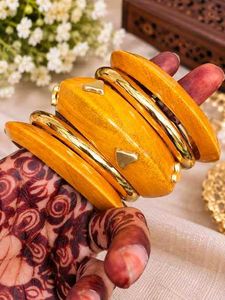 Boho Wooden &amp; Gold Bangle Set