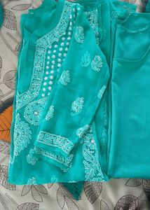 Teal chikankari Embroidered Kurta &amp;bottom Set