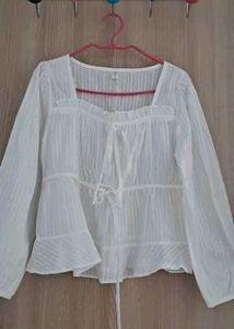 Korean White Long Sleeve Tie-Front Top