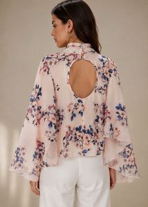 Chic Floral Print Cape Blouse