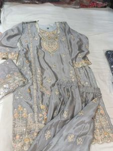 Pakistani style Grey Embroidered Kurta Set