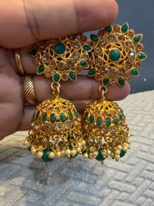 Exquisite Gold Plated Jhumka Earrings with Green S