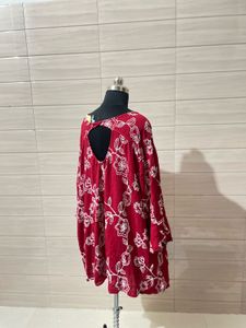 5XLRed Floral Embroidered V-Neck Kurta