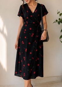 Chic Cherry Print Wrap Dress