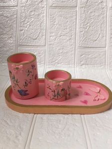 Decorative Pink Trinket Tray and candle holder Set