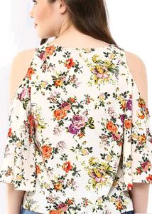 Women White Floral Printed Regular Cold Shoulder T