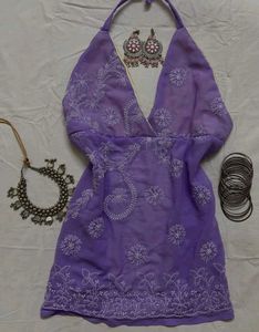 Embroidered Purple Halter Neck y2k