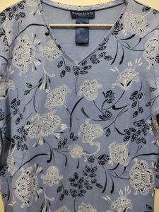 Karen Scott Blue Top With Black White Floral Print