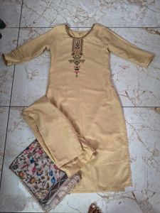 Elegant Beige Embroidered Kurta Set with Scarf