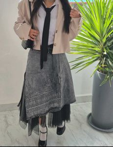 Edgy Distressed Denim &amp; Tulle Skirt