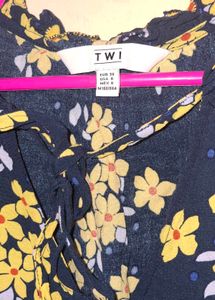 Navy Floral full sleeve sholder cut Tie-Neck Top