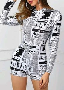 Newspaper Print Long Sleeve Romper